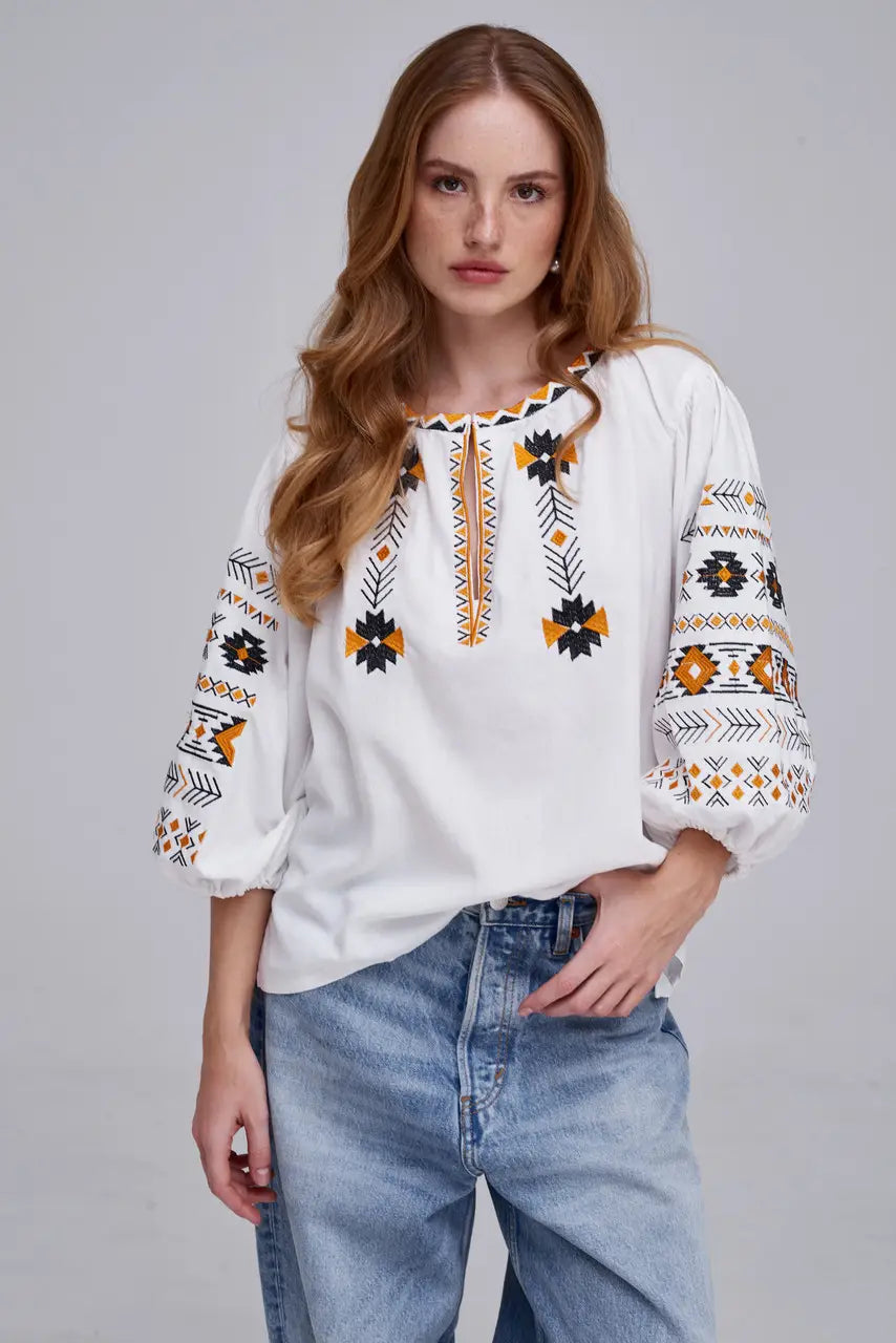 Ukrainian Embroidered Blouse for Women in Cotton Linen Blend | Daniella Vyshyvanka with Traditional Satin Stitch | Made in Ukraine