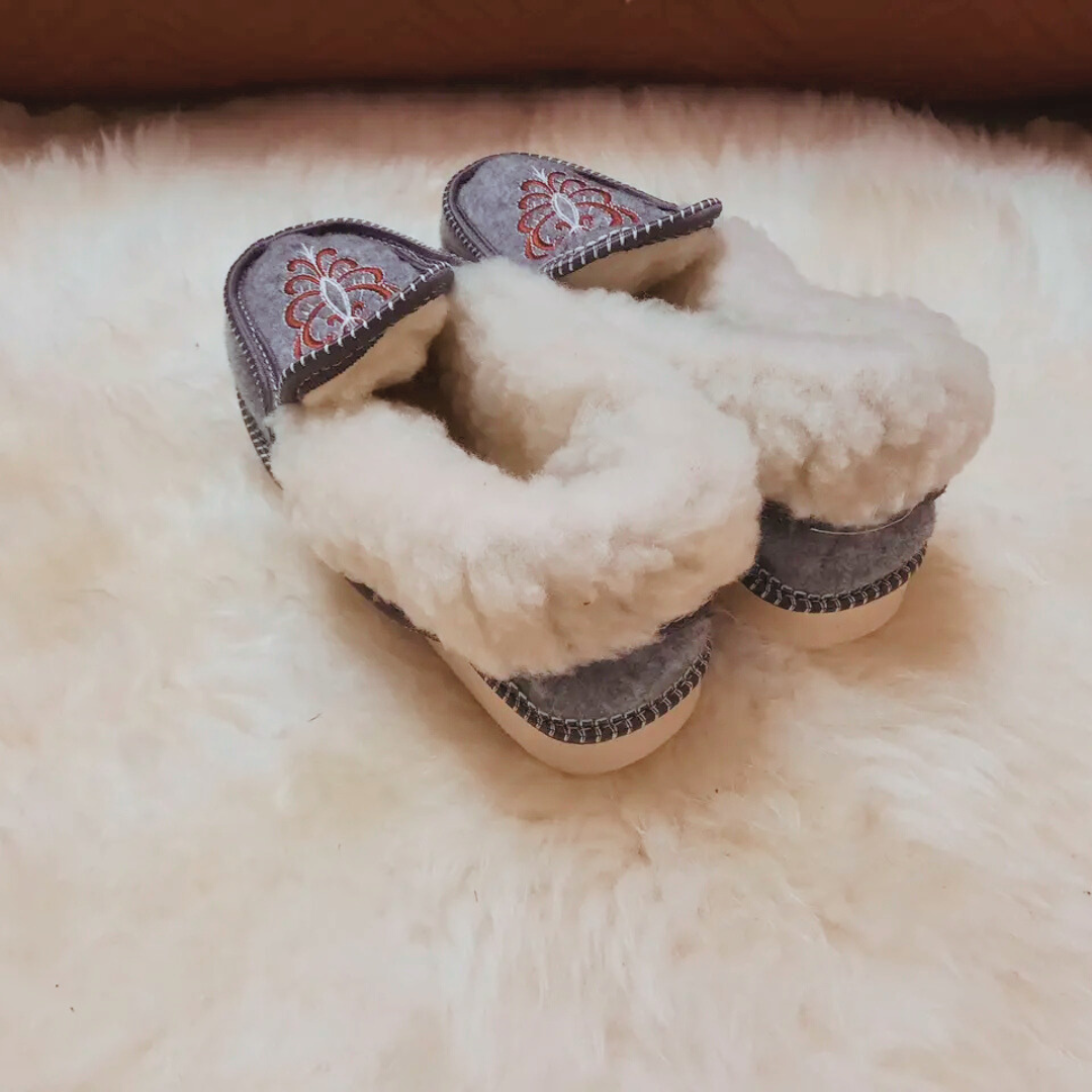 Handmade Wool Slippers with Hutsul Embroidery from Ukraine – Warm Felt Chuni for Women & Men – Cozy Winter Gift – Carpathian Folk Design