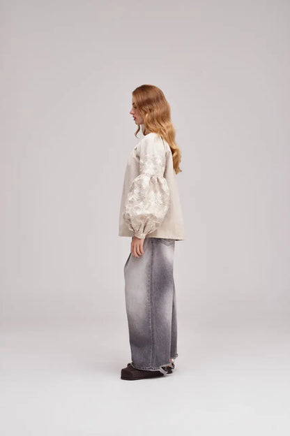 Ukrainian Embroidered Blouse for Women in Nettle Linen Blend | Poltavshchyna Vyshyvanka with Satin Stitch Embroidery | Made in Ukraine