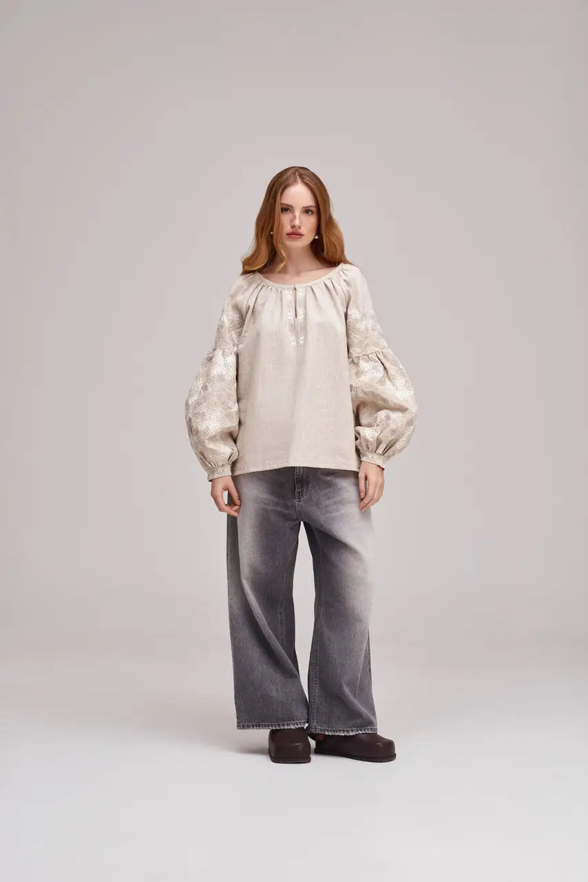 Ukrainian Embroidered Blouse for Women in Nettle Linen Blend | Poltavshchyna Vyshyvanka with Satin Stitch Embroidery | Made in Ukraine