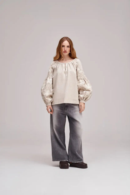 Ukrainian Embroidered Blouse for Women in Nettle Linen Blend | Poltavshchyna Vyshyvanka with Satin Stitch Embroidery | Made in Ukraine