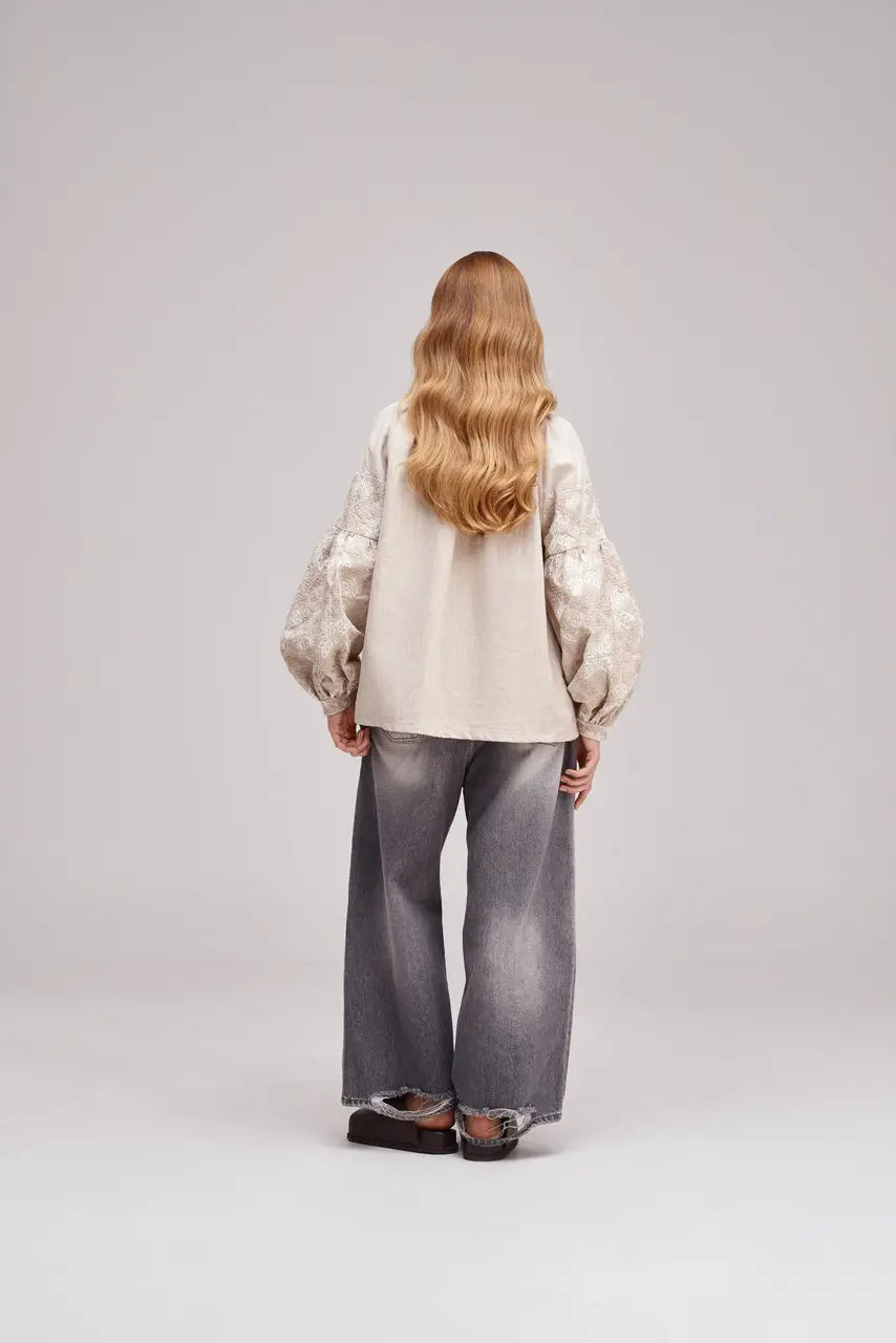 Ukrainian Embroidered Blouse for Women in Nettle Linen Blend | Poltavshchyna Vyshyvanka with Satin Stitch Embroidery | Made in Ukraine