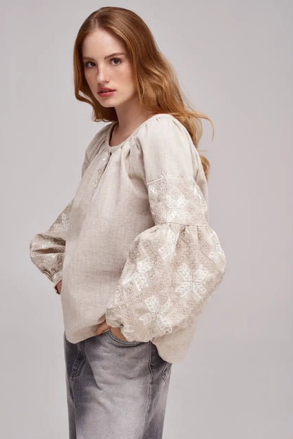 Ukrainian Embroidered Blouse for Women in Nettle Linen Blend | Poltavshchyna Vyshyvanka with Satin Stitch Embroidery | Made in Ukraine