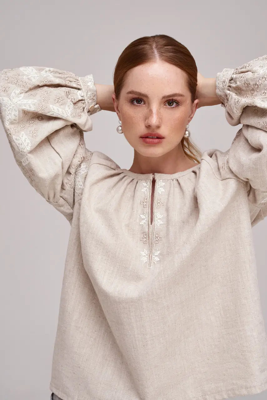 Ukrainian Embroidered Blouse for Women in Nettle Linen Blend | Poltavshchyna Vyshyvanka with Satin Stitch Embroidery | Made in Ukraine