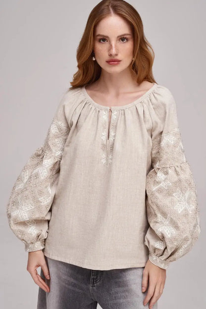 Ukrainian Embroidered Blouse for Women in Nettle Linen Blend | Poltavshchyna Vyshyvanka with Satin Stitch Embroidery | Made in Ukraine