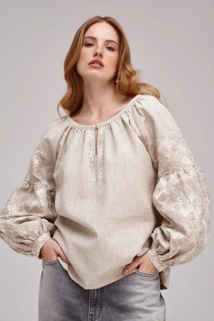 Ukrainian Embroidered Blouse for Women in Nettle Linen Blend | Poltavshchyna Vyshyvanka with Satin Stitch Embroidery | Made in Ukraine