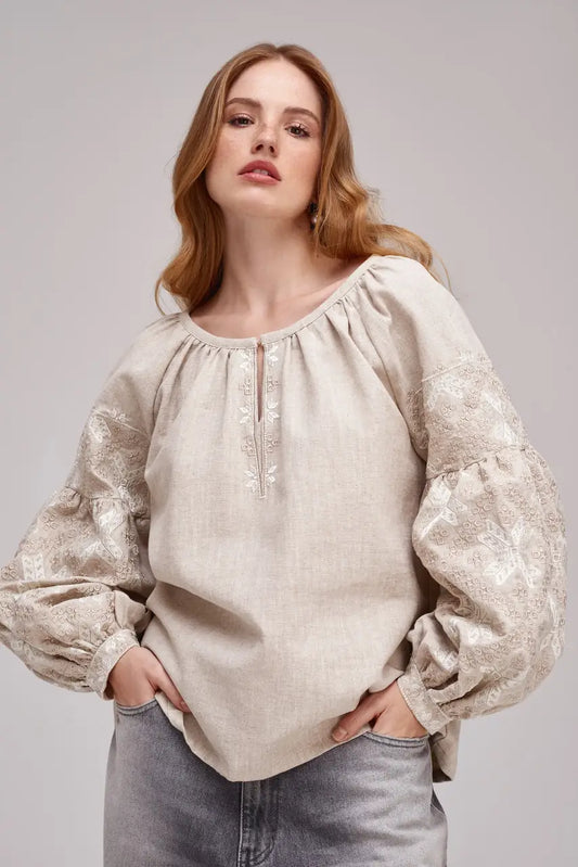 Ukrainian Embroidered Blouse for Women in Nettle Linen Blend | Poltavshchyna Vyshyvanka with Satin Stitch Embroidery | Made in Ukraine