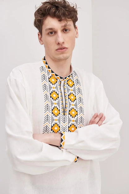 Ukrainian Vyshyvanka Shirt for Men in Cotton Linen Blend with Traditional Embroidery | Danylo Design | Handmade Ukrainian Clothing