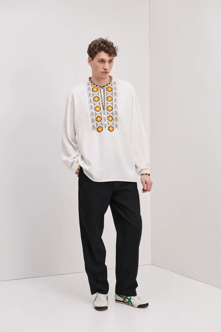 Ukrainian Vyshyvanka Shirt for Men in Cotton Linen Blend with Traditional Embroidery | Danylo Design | Handmade Ukrainian Clothing