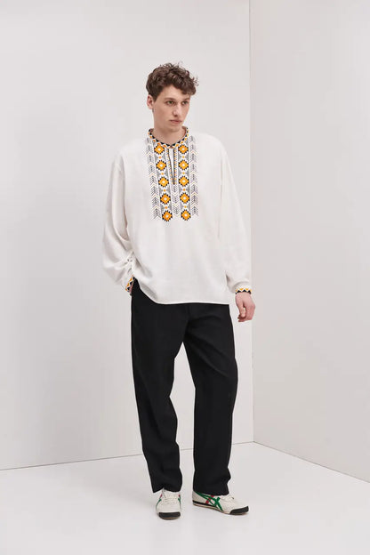 Ukrainian Vyshyvanka Shirt for Men in Cotton Linen Blend with Traditional Embroidery | Danylo Design | Handmade Ukrainian Clothing