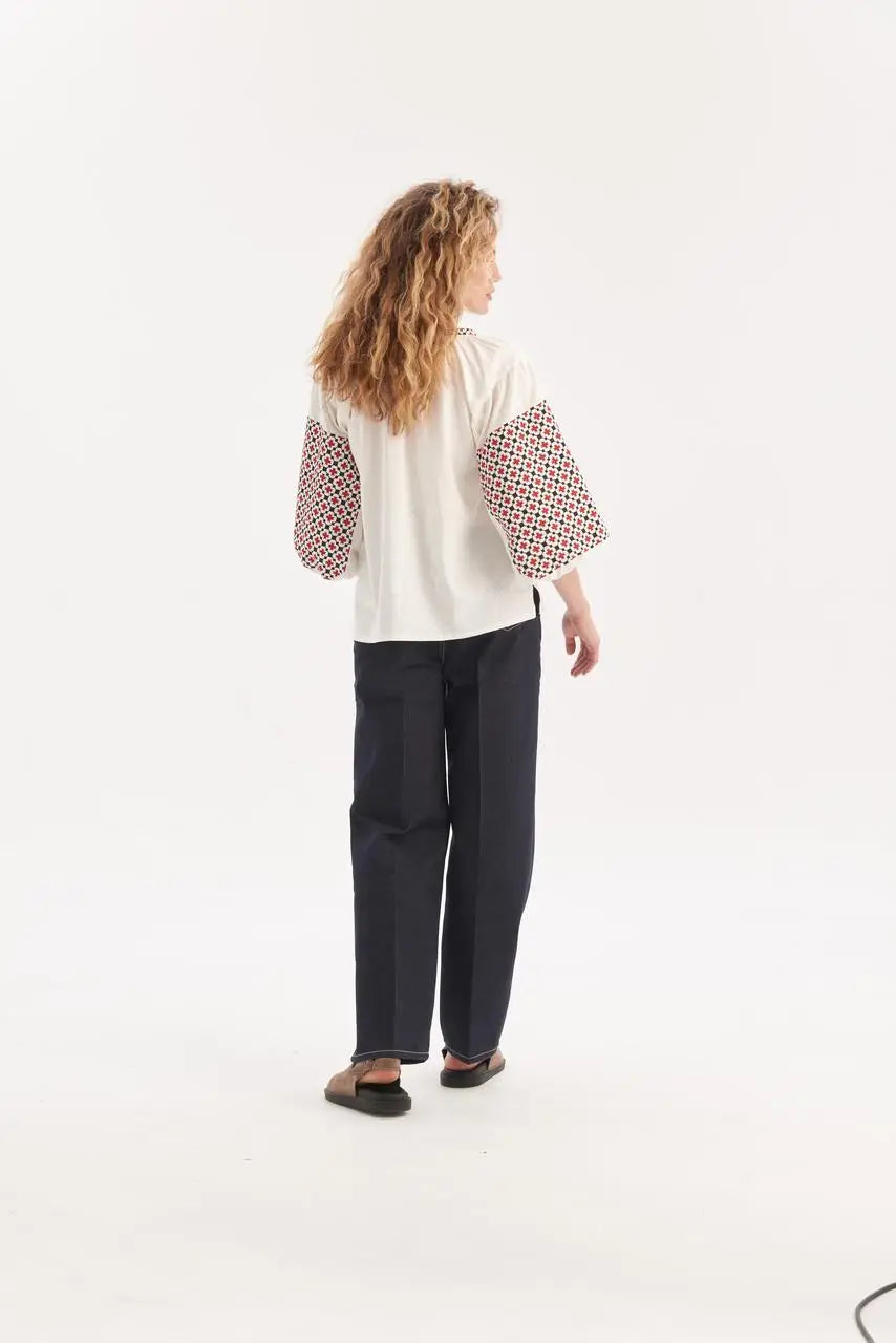 Ukrainian Embroidered Blouse for Women with Satin Stitch Embroidery | Bandera Vyshyvanka in Cotton Blend Fabric | Handmade in Ukraine