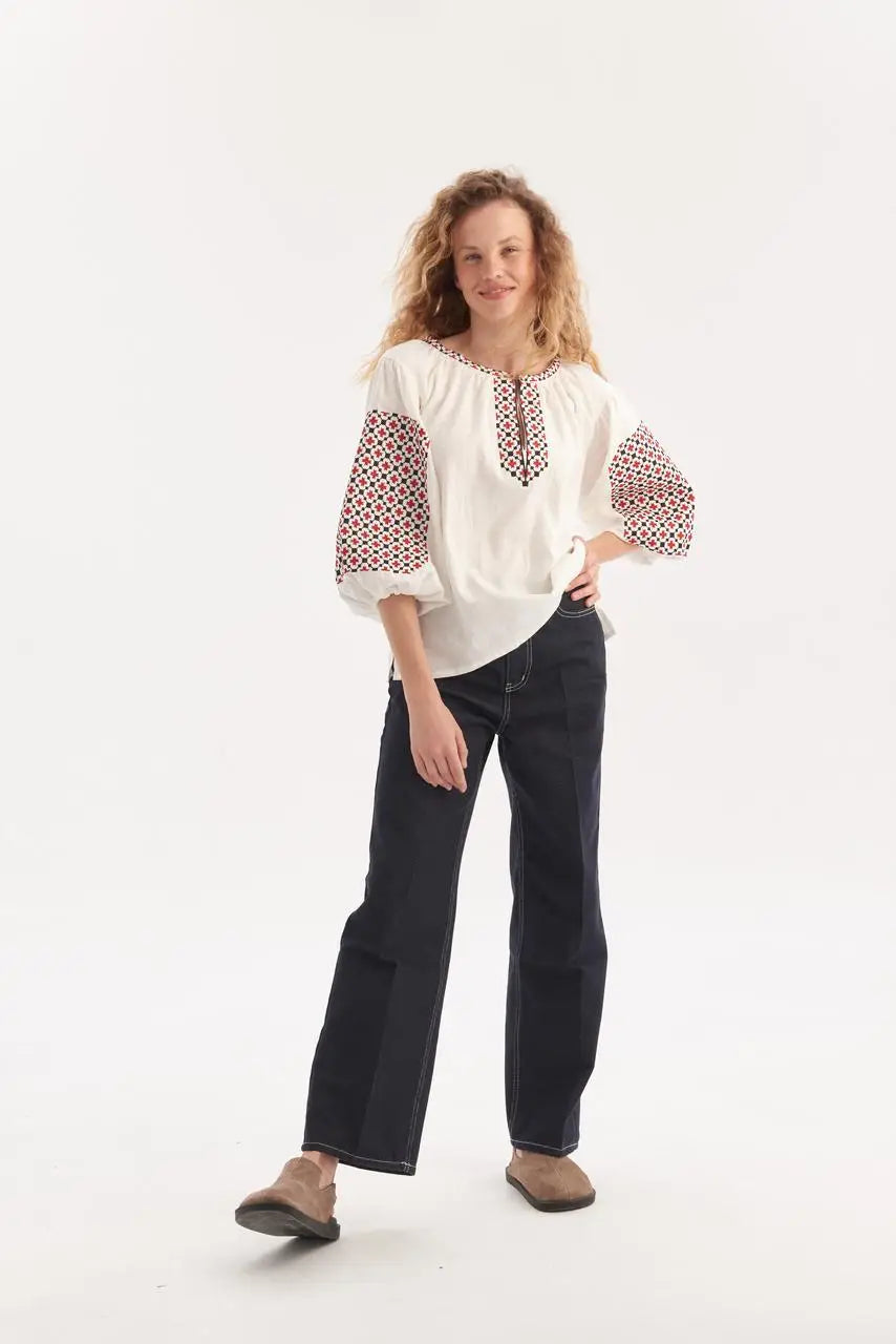 Ukrainian Embroidered Blouse for Women with Satin Stitch Embroidery | Bandera Vyshyvanka in Cotton Blend Fabric | Handmade in Ukraine