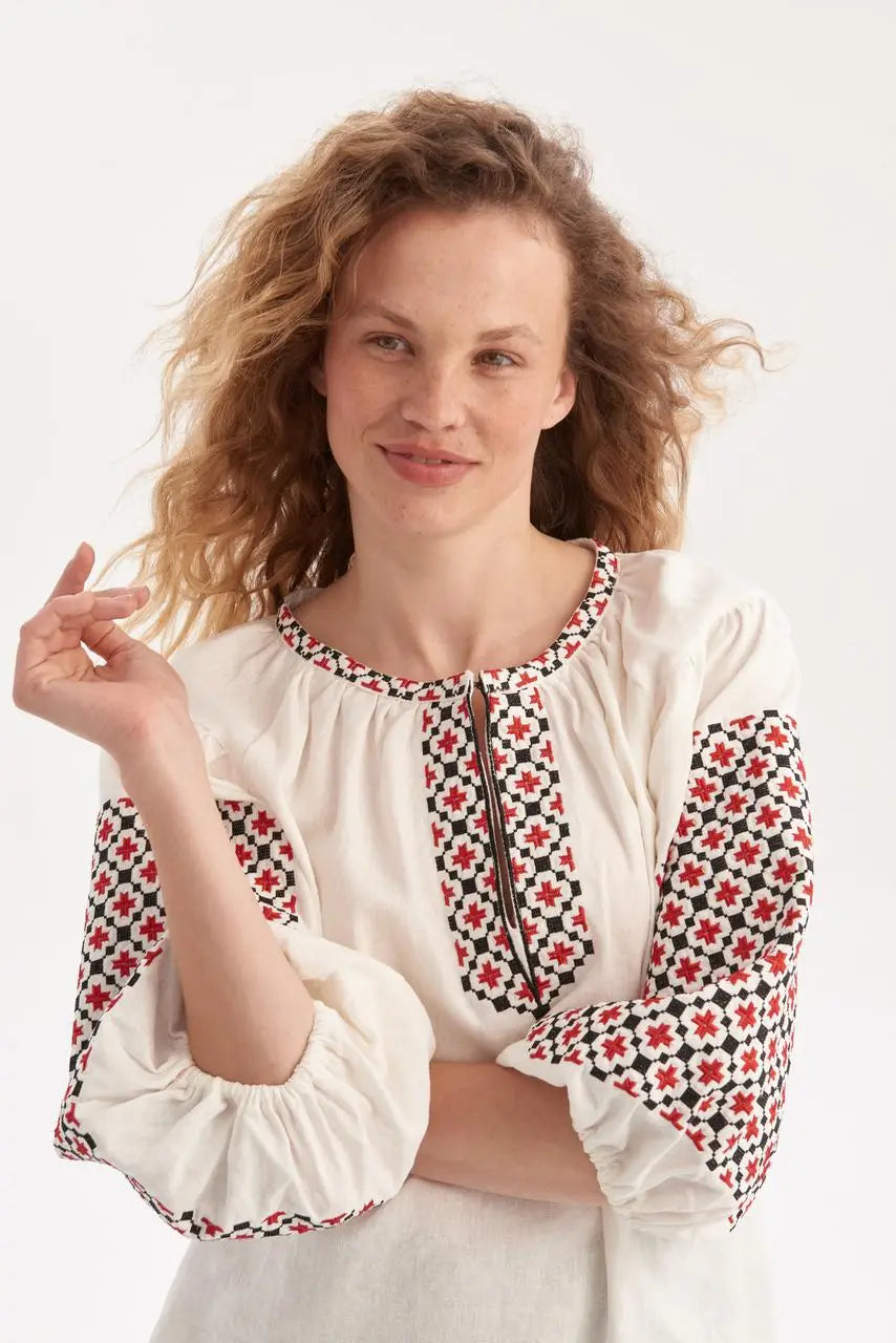Ukrainian Embroidered Blouse for Women with Satin Stitch Embroidery | Bandera Vyshyvanka in Cotton Blend Fabric | Handmade in Ukraine