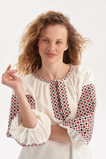 Ukrainian Embroidered Blouse for Women with Satin Stitch Embroidery | Bandera Vyshyvanka in Cotton Blend Fabric | Handmade in Ukraine