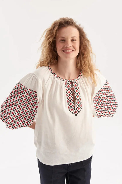 Ukrainian Embroidered Blouse for Women with Satin Stitch Embroidery | Bandera Vyshyvanka in Cotton Blend Fabric | Handmade in Ukraine