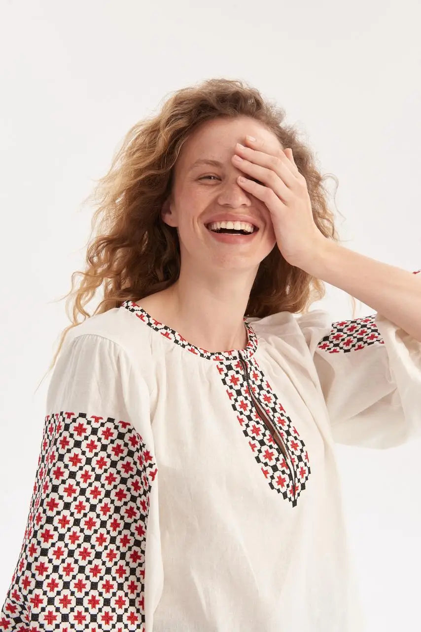 Ukrainian Embroidered Blouse for Women with Satin Stitch Embroidery | Bandera Vyshyvanka in Cotton Blend Fabric | Handmade in Ukraine