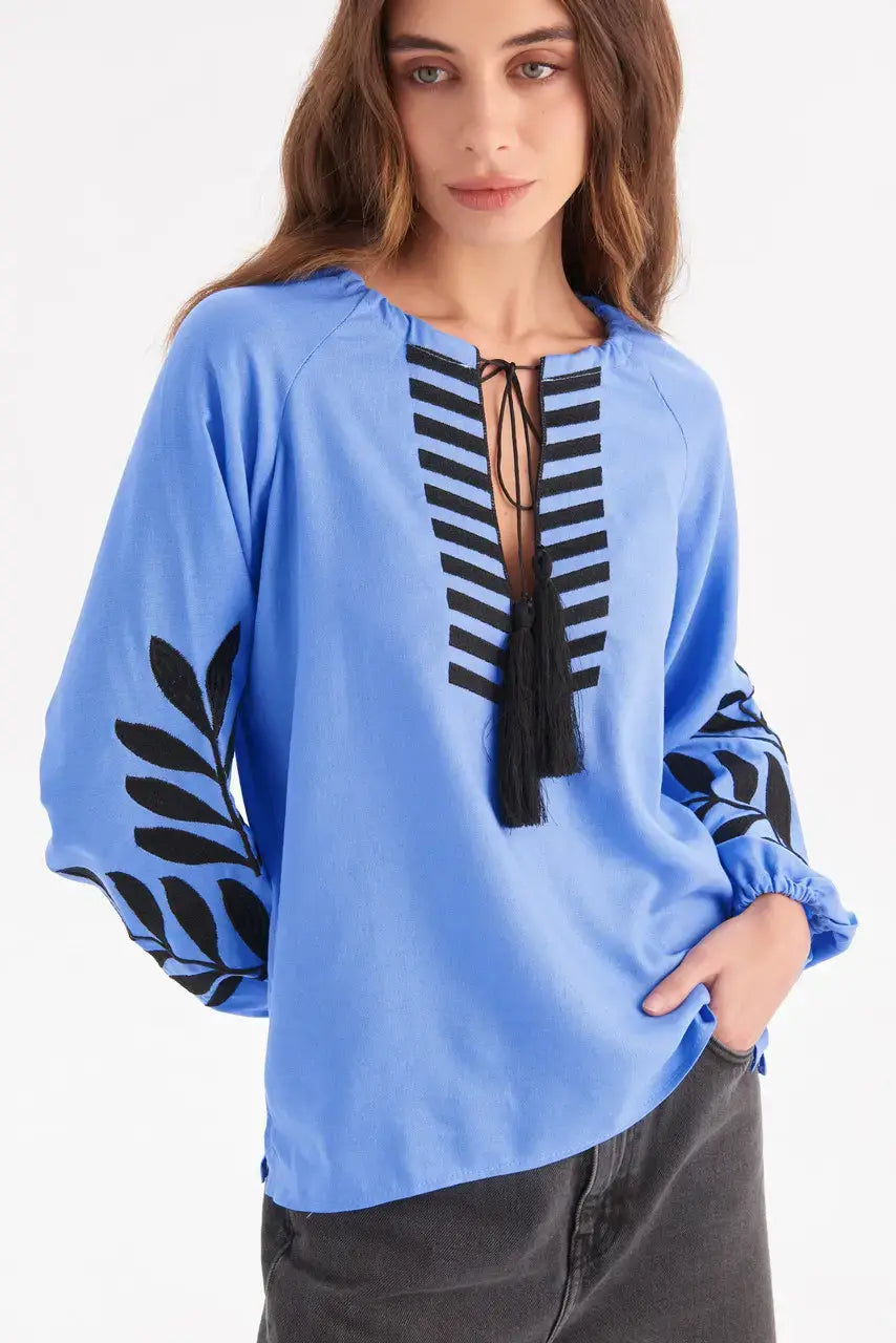 Ukrainian Embroidered Blouse for Women in Blue Linen Cotton Blend | Paporot Vyshyvanka Shirt with Satin Stitch Fern Motif | Made in Ukraine