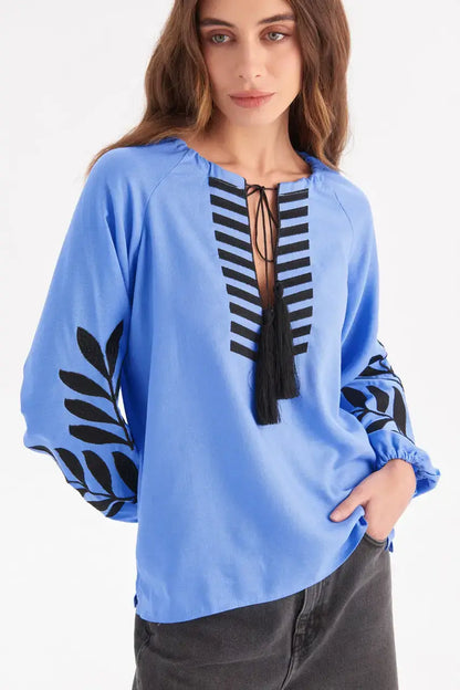 Ukrainian Embroidered Blouse for Women in Blue Linen Cotton Blend | Paporot Vyshyvanka Shirt with Satin Stitch Fern Motif | Made in Ukraine