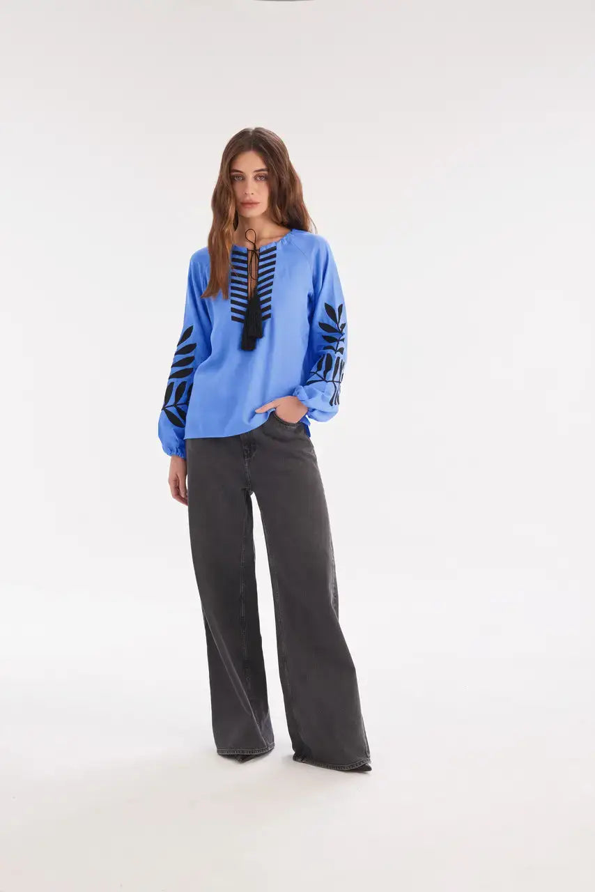 Ukrainian Embroidered Blouse for Women in Blue Linen Cotton Blend | Paporot Vyshyvanka Shirt with Satin Stitch Fern Motif | Made in Ukraine