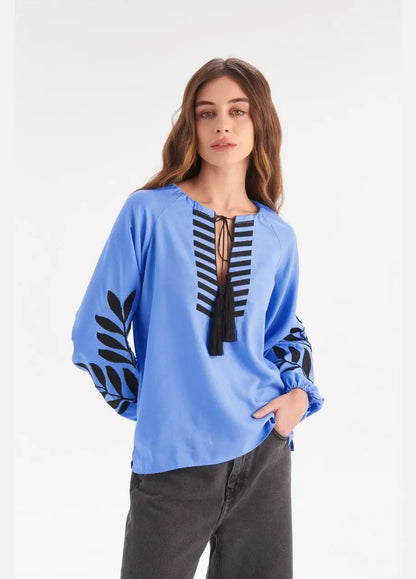 Ukrainian Embroidered Blouse for Women in Blue Linen Cotton Blend | Paporot Vyshyvanka Shirt with Satin Stitch Fern Motif | Made in Ukraine