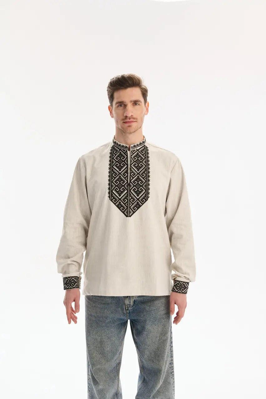 Traditional Ukrainian Vyshyvanka Shirt for Men in Nettle and Linen Blend with Machine Embroidery | Ukrainian Gift | Made in Ukraine