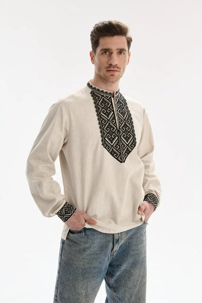 Traditional Ukrainian Vyshyvanka Shirt for Men in Nettle and Linen Blend with Machine Embroidery | Ukrainian Gift | Made in Ukraine