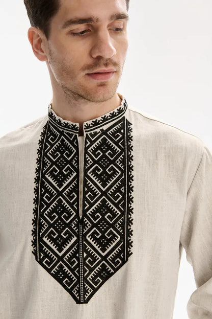 Traditional Ukrainian Vyshyvanka Shirt for Men in Nettle and Linen Blend with Machine Embroidery | Ukrainian Gift | Made in Ukraine