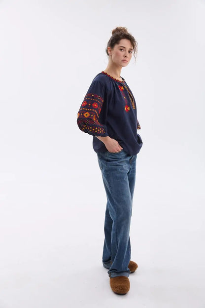 Ukrainian Embroidered Blouse for Women with Traditional Satin Stitch Embroidery | Daniella Vyshyvanka in Cotton Linen Blend | Made in Ukraine