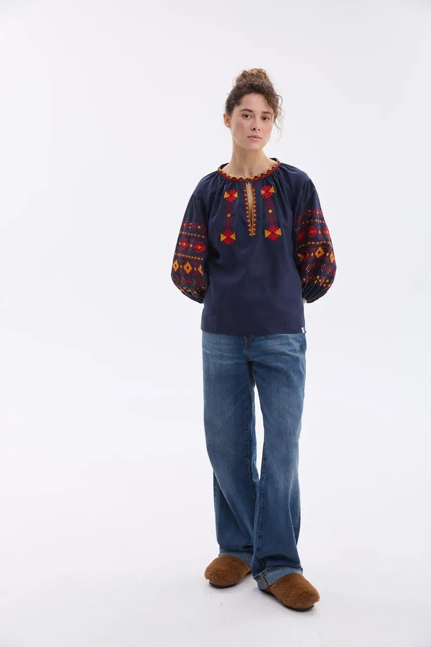 Ukrainian Embroidered Blouse for Women with Traditional Satin Stitch Embroidery | Daniella Vyshyvanka in Cotton Linen Blend | Made in Ukraine