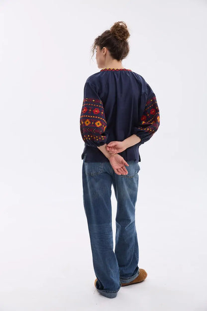 Ukrainian Embroidered Blouse for Women with Traditional Satin Stitch Embroidery | Daniella Vyshyvanka in Cotton Linen Blend | Made in Ukraine