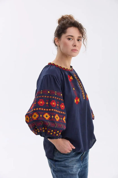 Ukrainian Embroidered Blouse for Women with Traditional Satin Stitch Embroidery | Daniella Vyshyvanka in Cotton Linen Blend | Made in Ukraine