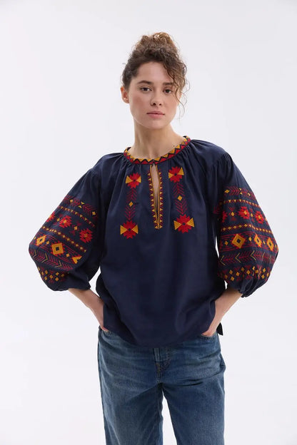 Ukrainian Embroidered Blouse for Women with Traditional Satin Stitch Embroidery | Daniella Vyshyvanka in Cotton Linen Blend | Made in Ukraine