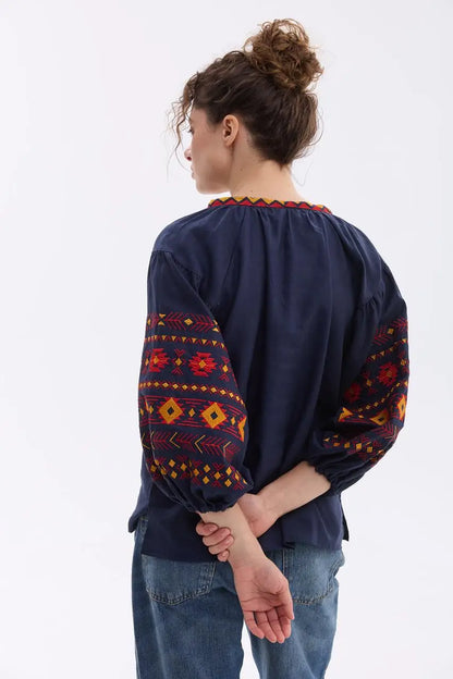 Ukrainian Embroidered Blouse for Women with Traditional Satin Stitch Embroidery | Daniella Vyshyvanka in Cotton Linen Blend | Made in Ukraine