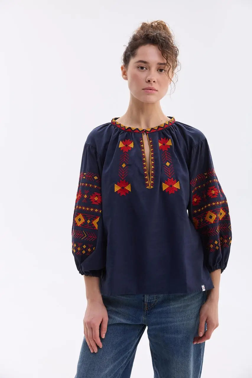 Ukrainian Embroidered Blouse for Women with Traditional Satin Stitch Embroidery | Daniella Vyshyvanka in Cotton Linen Blend | Made in Ukraine