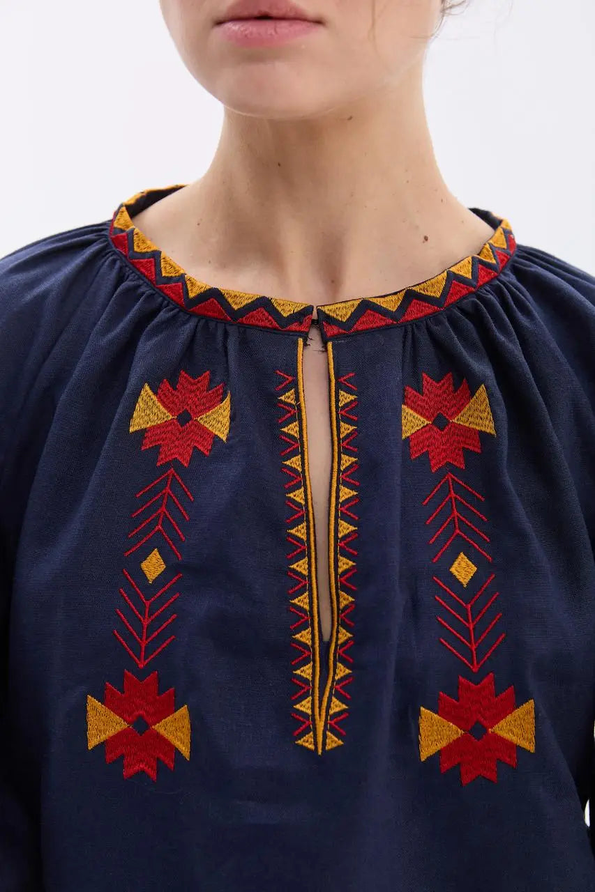 Ukrainian Embroidered Blouse for Women with Traditional Satin Stitch Embroidery | Daniella Vyshyvanka in Cotton Linen Blend | Made in Ukraine