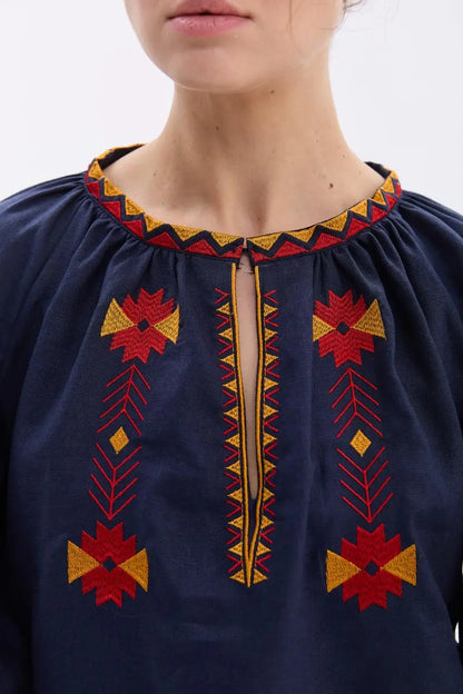 Ukrainian Embroidered Blouse for Women with Traditional Satin Stitch Embroidery | Daniella Vyshyvanka in Cotton Linen Blend | Made in Ukraine