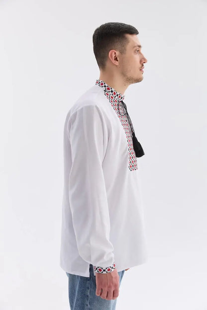 Ukrainian Vyshyvanka Shirt for Men with Satin and French Knot Embroidery | Bandera Design in Cotton Blend | Made in Ukraine