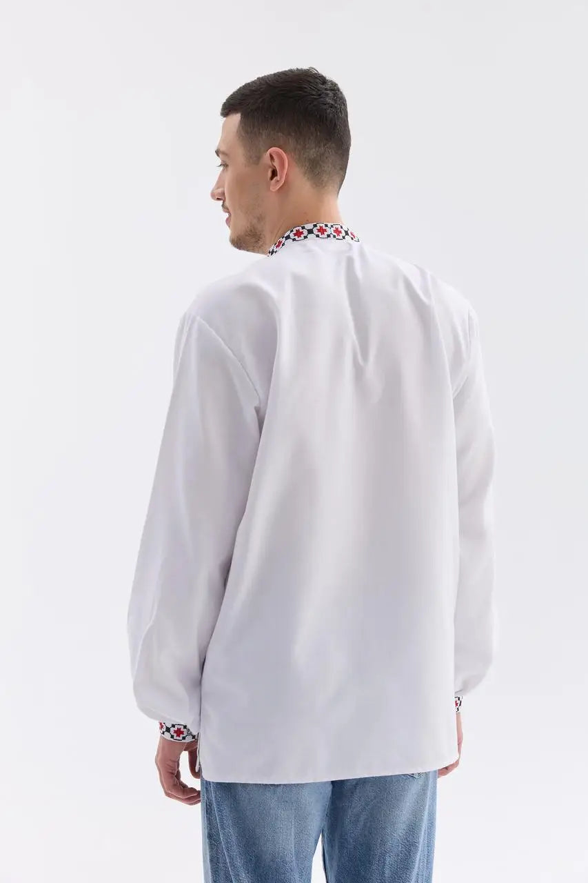 Ukrainian Vyshyvanka Shirt for Men with Satin and French Knot Embroidery | Bandera Design in Cotton Blend | Made in Ukraine