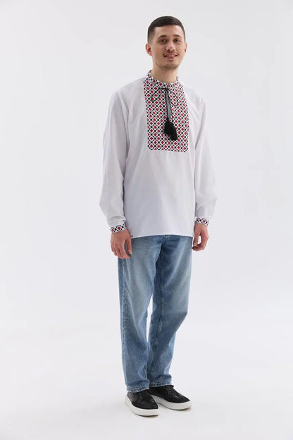 Ukrainian Vyshyvanka Shirt for Men with Satin and French Knot Embroidery | Bandera Design in Cotton Blend | Made in Ukraine