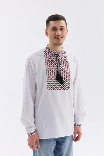 Ukrainian Vyshyvanka Shirt for Men with Satin and French Knot Embroidery | Bandera Design in Cotton Blend | Made in Ukraine
