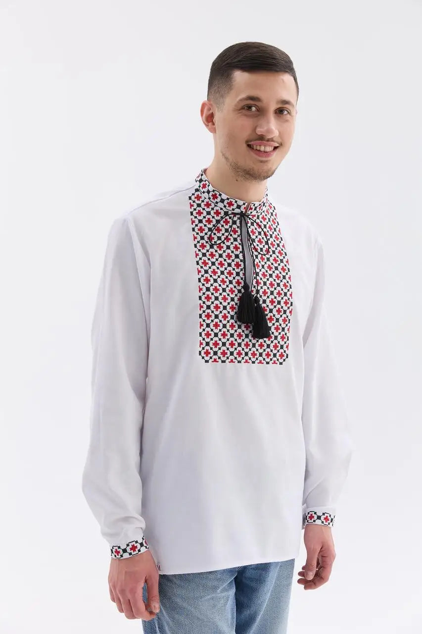 Ukrainian Vyshyvanka Shirt for Men with Satin and French Knot Embroidery | Bandera Design in Cotton Blend | Made in Ukraine
