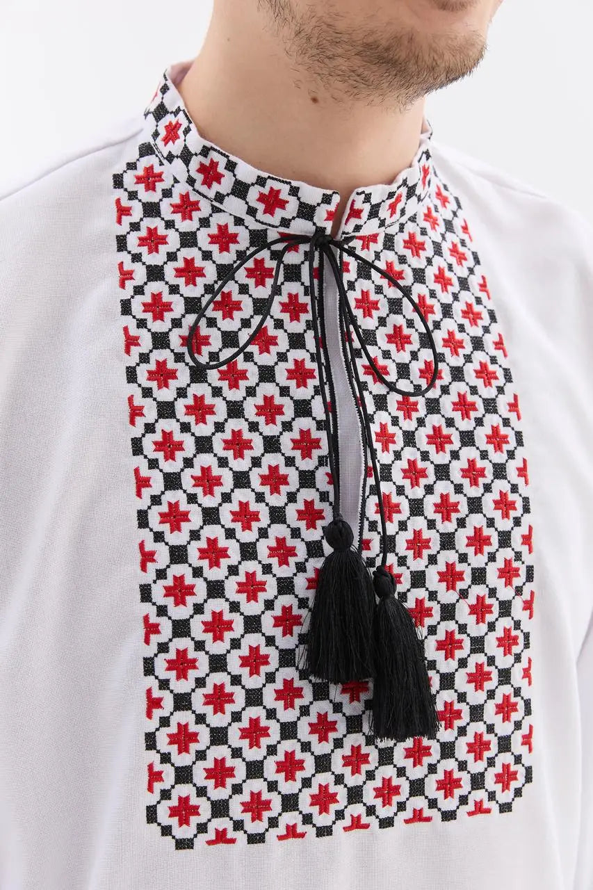 Ukrainian Vyshyvanka Shirt for Men with Satin and French Knot Embroidery | Bandera Design in Cotton Blend | Made in Ukraine
