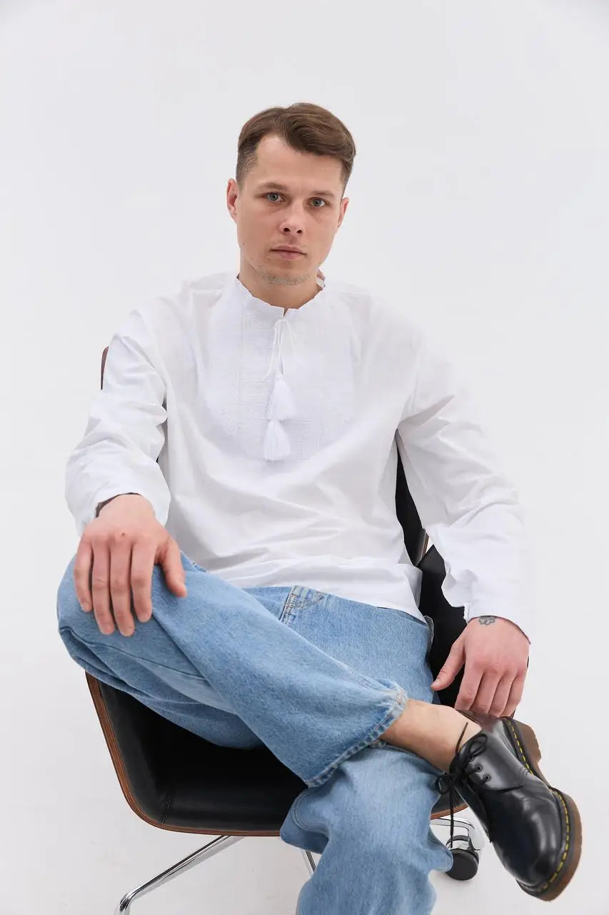 White Embroidered Ukrainian Vyshyvanka Shirt for Men in 100% Cotton with French Knot Stitching | Zirka Design | Handmade in Ukraine