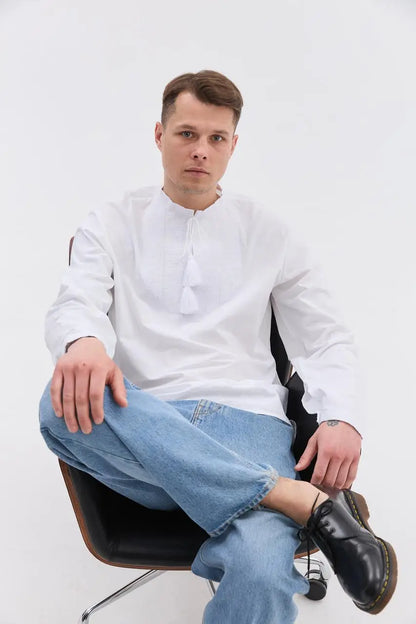 White Embroidered Ukrainian Vyshyvanka Shirt for Men in 100% Cotton with French Knot Stitching | Zirka Design | Handmade in Ukraine