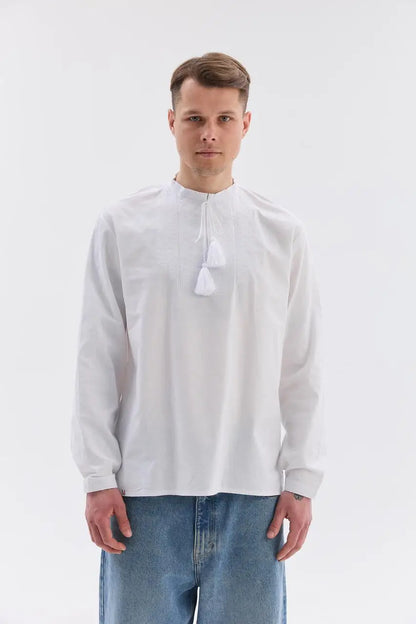 White Embroidered Ukrainian Vyshyvanka Shirt for Men in 100% Cotton with French Knot Stitching | Zirka Design | Handmade in Ukraine