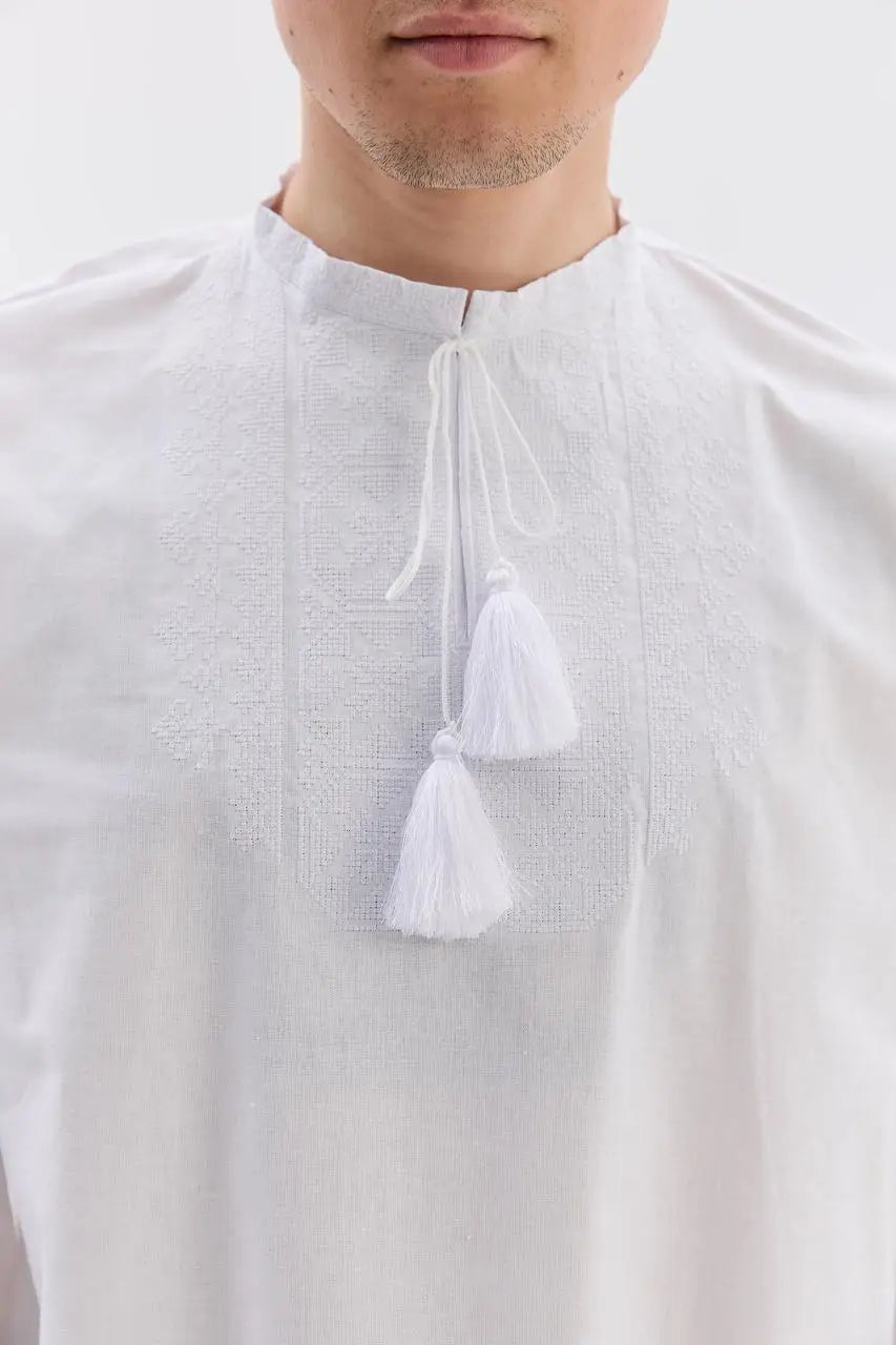 White Embroidered Ukrainian Vyshyvanka Shirt for Men in 100% Cotton with French Knot Stitching | Zirka Design | Handmade in Ukraine