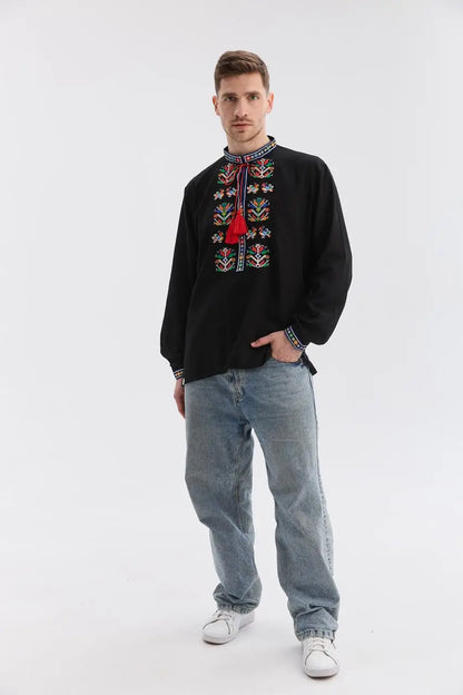 Black Ukrainian Vyshyvanka Shirt for Men with Machine Embroidery | Podilska Design in Cotton Linen Blend | Handmade in Ukraine