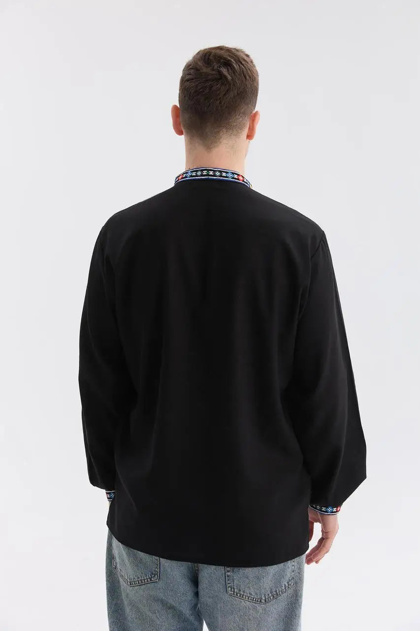 Black Ukrainian Vyshyvanka Shirt for Men with Machine Embroidery | Podilska Design in Cotton Linen Blend | Handmade in Ukraine