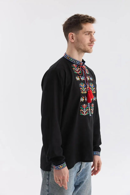 Black Ukrainian Vyshyvanka Shirt for Men with Machine Embroidery | Podilska Design in Cotton Linen Blend | Handmade in Ukraine