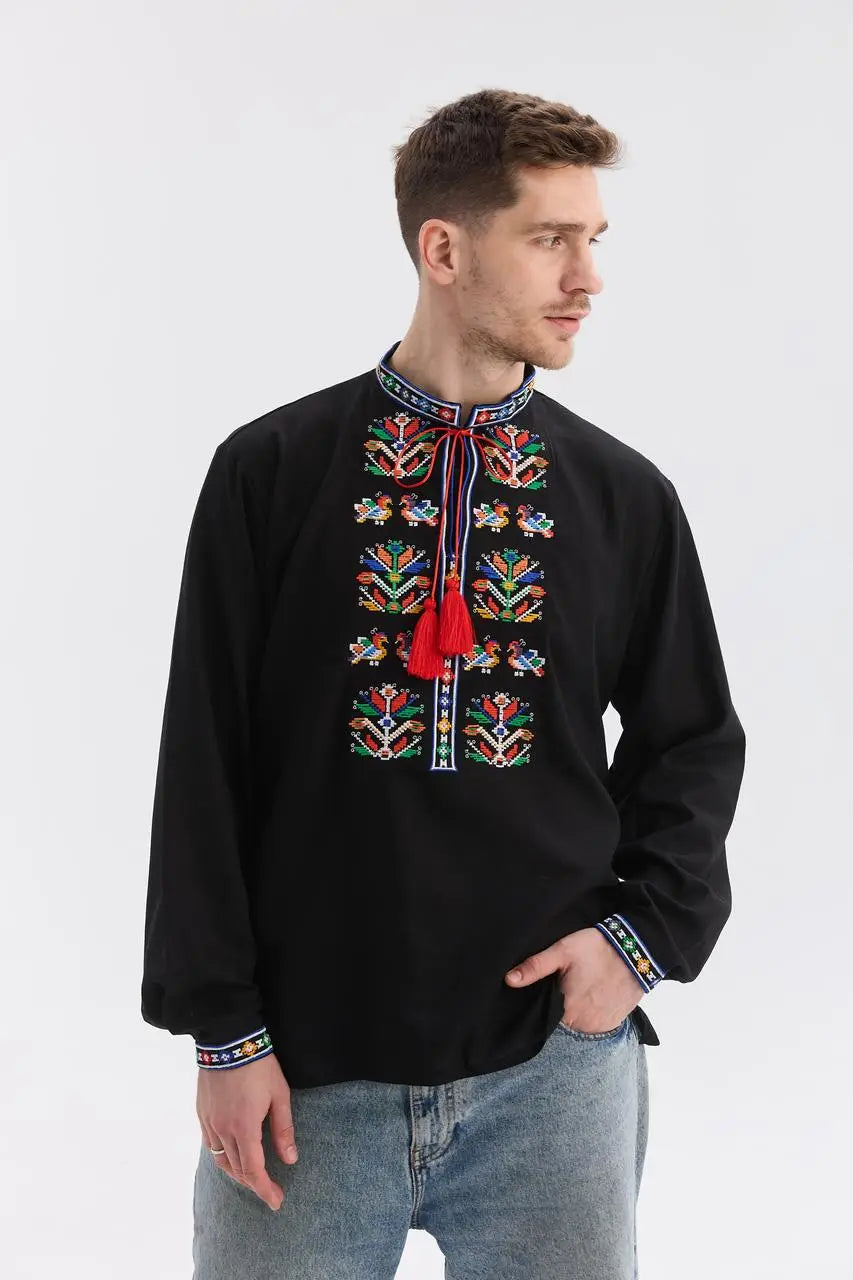 Black Ukrainian Vyshyvanka Shirt for Men with Machine Embroidery | Podilska Design in Cotton Linen Blend | Handmade in Ukraine